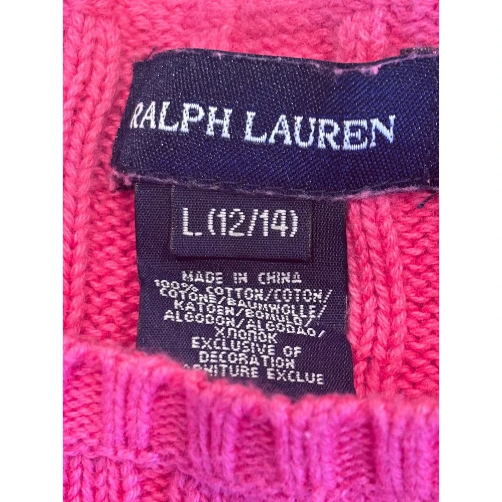Ralph Lauren Girls Pink Cable Knit Cotton Sweater Green Pony Logo L 12/14 Peppy